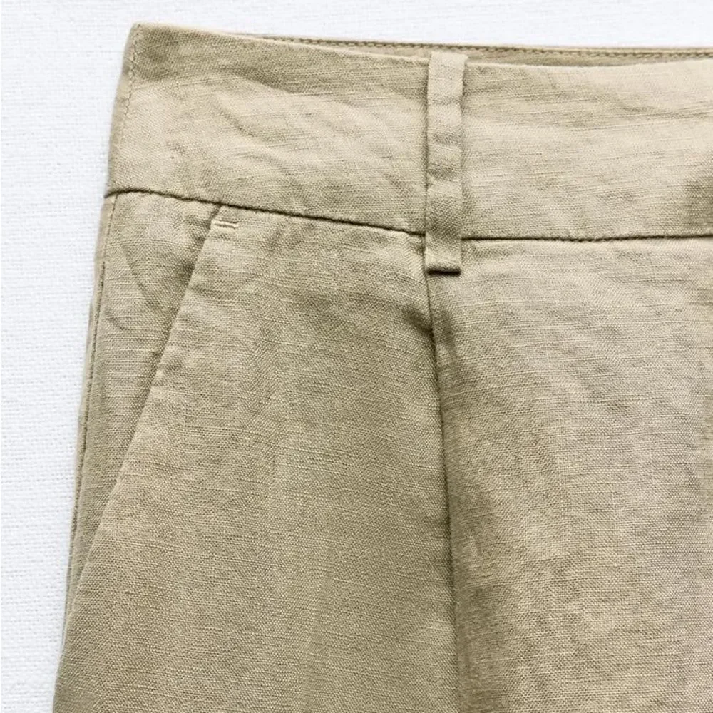 ZARA 100% LINEN WIDE-LEG PANTS GREEN